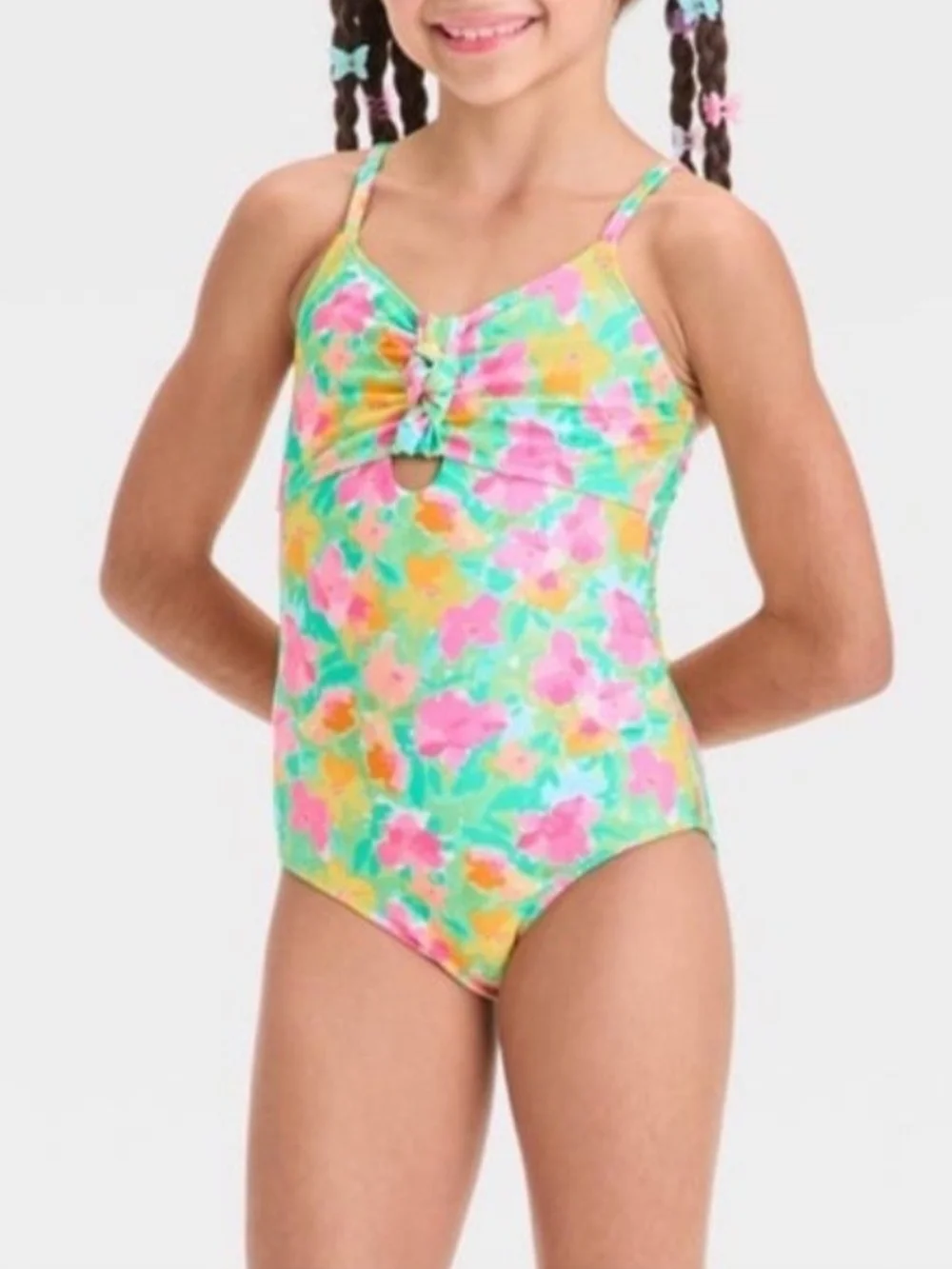 Cat & Jack Girls' Set Floral Printed 1 Piece Swimsuit & 1 Cover Up Skirt. Sz S